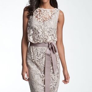 Tadashi Shoji Lace Overlay Dress Beige Nude Blouson Waist Size 8 Cocktail